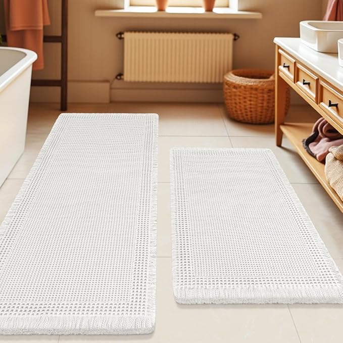 Upgrade Waffle Bath Mat Set 2 Piece, Boho Bathroom Rugs Absorbent Non Slip, Ultra Soft Bathroom Mat, Machine Washable Knit Bath Rugs with Border for Bathroom, Bedroom, Kitchen, Shower, Tub, White