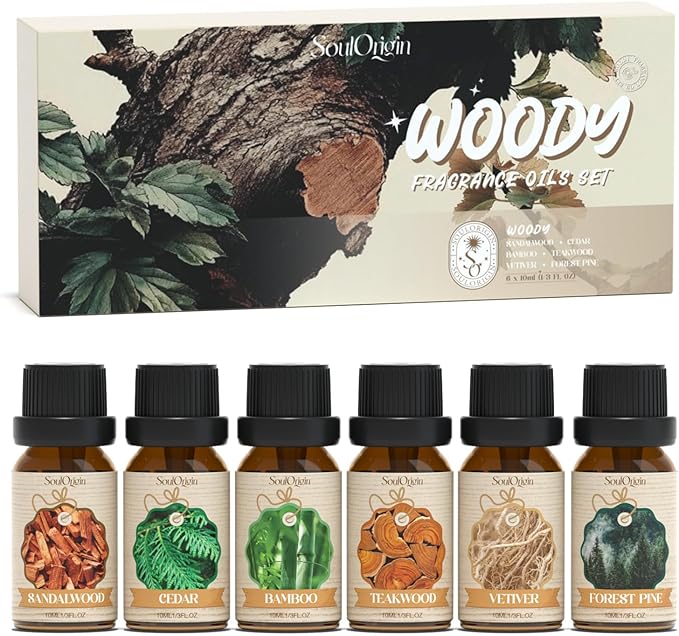 Soulorigin Woody Essential Oils Set, Fragrance Oil Set for Diffuser, Scent Diffuser Oil for Candle Making- Sandalwood, Cedar, Bamboo, Teak, Vetiver, Forest Pine