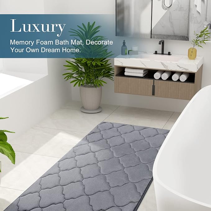 OLANLY Memory Foam Bath Mat Rug 47x24, Ultra Soft and Absorbent Bathroom Rugs, Non-Slip, Comfortable, Machine Washable Bath Carpet for Bathroom Floor, Tub, Shower and Home Decor Accessories, Dark Grey