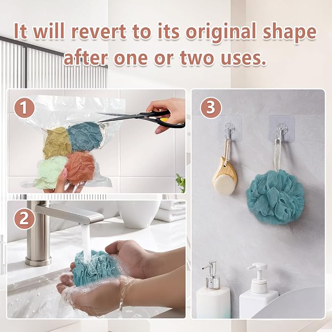 Rnoafmu Shower Loofah Bath Sponge, 60G Loofah Exfoliating Body Scrubber, 4 Color Mesh Shower Pouf Balls for Body Wash (Yellow Red Green Blue)