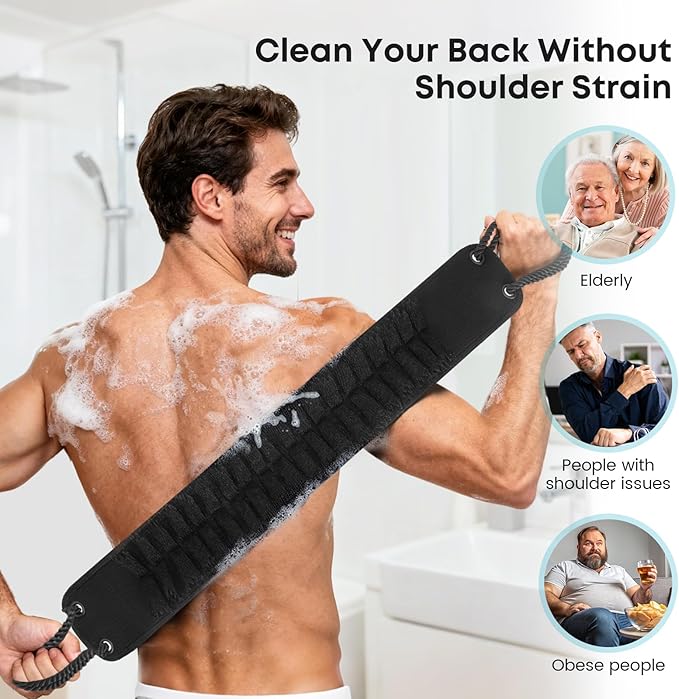 eaxun Back Scrubber with Handles for Shower, 40 Inches Dual-Sided Back Washer with Exfoliating Texture and Loofah for Men, Women and Elderly, Bath Back Exfoliator Body Cleaner for Deep Cleansing