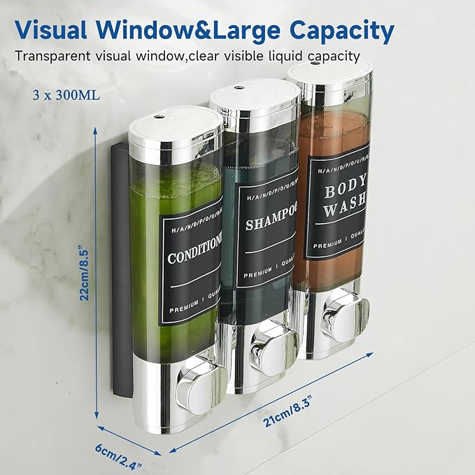 Shower Shampoo Dispenser 3 Chamber No Drill Wall-Mounted,Shampoo and Conditioner Dispenser Shampoo for Shower Wall Mounted Body Wash for Bathroom,Chrome