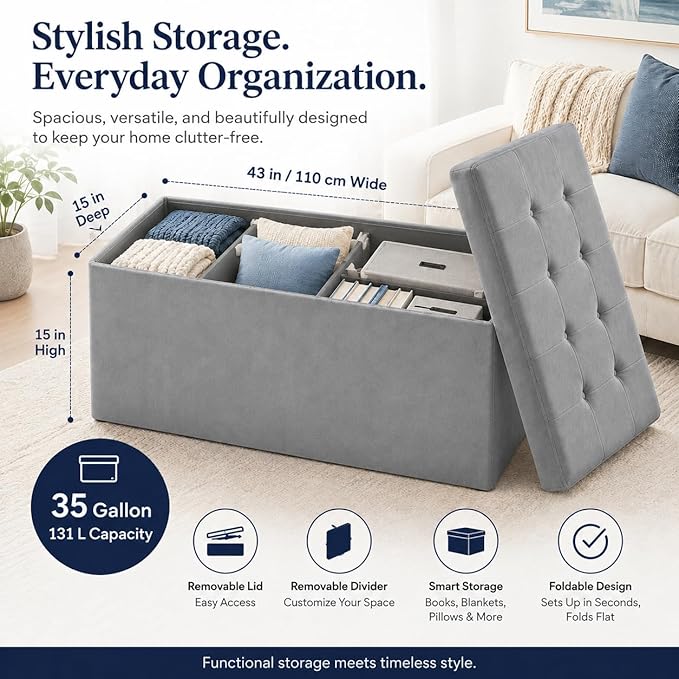 ALASDO 43 Inch Folding Storage Ottoman Bench with Hidden Storage, Velvet Storage Ottoman Foot Rest Stool, End of Bed Bench for Bedroom, Living Room, Entryway and Closet, Dark Gray