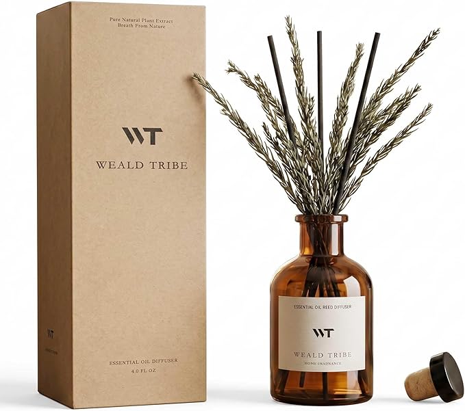 WEALD TRIBE Reed Diffuser Set for Bathroom Air Fresheners, Oil Diffuser Sticks with Flower | Balsam Fir Scent 4.0 fl oz Home Fragrance with Sticks Defusers | House Bedroom Office Shelf Decor