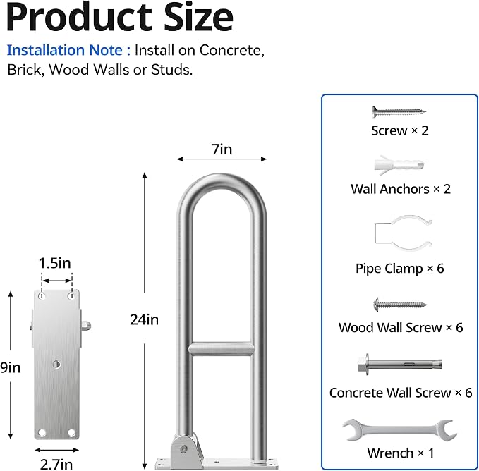 Toilet Grab Bar, Bathroom Safety Handrail Wall Mounted, 304 Stainless Steel Flip Up Folding Support Rail for Elderly Seniors and Handicap Assistance (24 Inch)