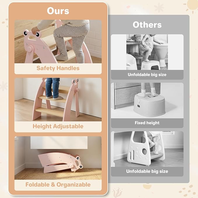 Step Stool for Toddlers, 3-Step Kids Step Stool for Bathroom Sink, Foldable Toilet Potty Training Bamboo Wooden Stool with Handles and Non-Slip Pads for Bedroom, Kitchen Stool Helper, Pink
