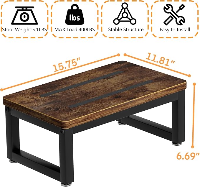Wooden Step Stools with Anti Slip Pat for Adult, Heavy Duty Bedside Foot Stools with 400-LBS Capacity for High Beds, 7" Tall Bed Steps for Bedroom Kitchen Bathroom, Rustic Brown