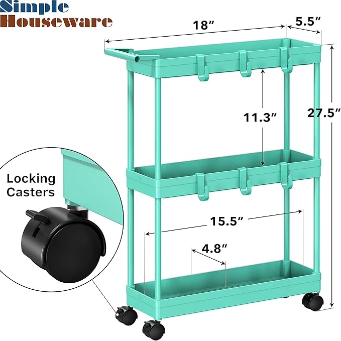 Simple Houseware 3-Tier Slim/Narrow Storage Cart with Handle, 5.5'' Wide x 27.5'' Height Rolling Organizer for Kitchen, Bathroom, Laundry Room - Turquoise