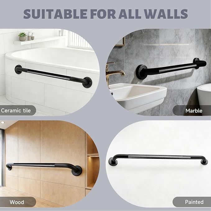 32 Inch Shower Grab Bar 1.25" Dia, Black Anti Slip Bathroom Grab Bar, 304 Stainless Steel Knurled Handicap Grab Bars, Safety Support Handrail, Assist Bath Shower Handle for Elderly Injury Senior
