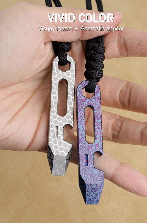 KEEPO LINK Titanium EDC Pry Bar Multitool, 4-in-1 Keychain Prybar Tool with Bottle Opener, Hex Wrench & 5cm Ruler, Ultra-Light Pocket Pry Tool for Everyday Carry & Outdoor, OLT03 (Damascus Purple)