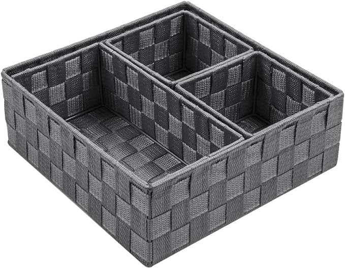 Posprica Woven Storage Baskets for Organizing, Small Baskets Cube Bin Container Tote Organizer Divider for Drawer, Closet, Shelf, Dresser, Set of 4(Dark Grey)
