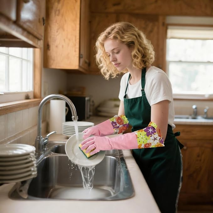 Bamllum 2 Pairs Rubber Cleaning Gloves, Household Kitchen Dishwashing Gloves with Cotton Flocked Liner, Long Cuff 16 Inches (Yellow+Pink, Small)