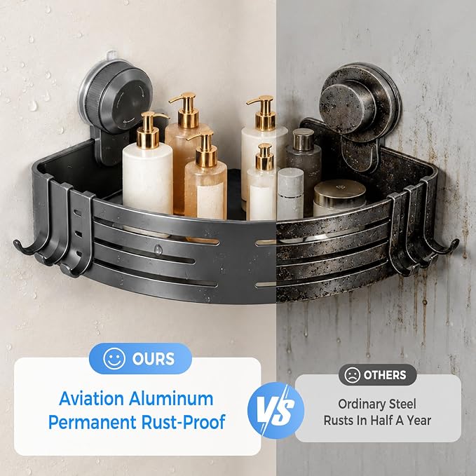 Lekesky Corner Shower Caddy Suction Cups, No Drilling Bathroom Shower Shelf | Aluminum, Rustproof, Suction Cup Can Remove and Reposition, Can hold up to 22 pounds, Also Can hold large shampoo bottles