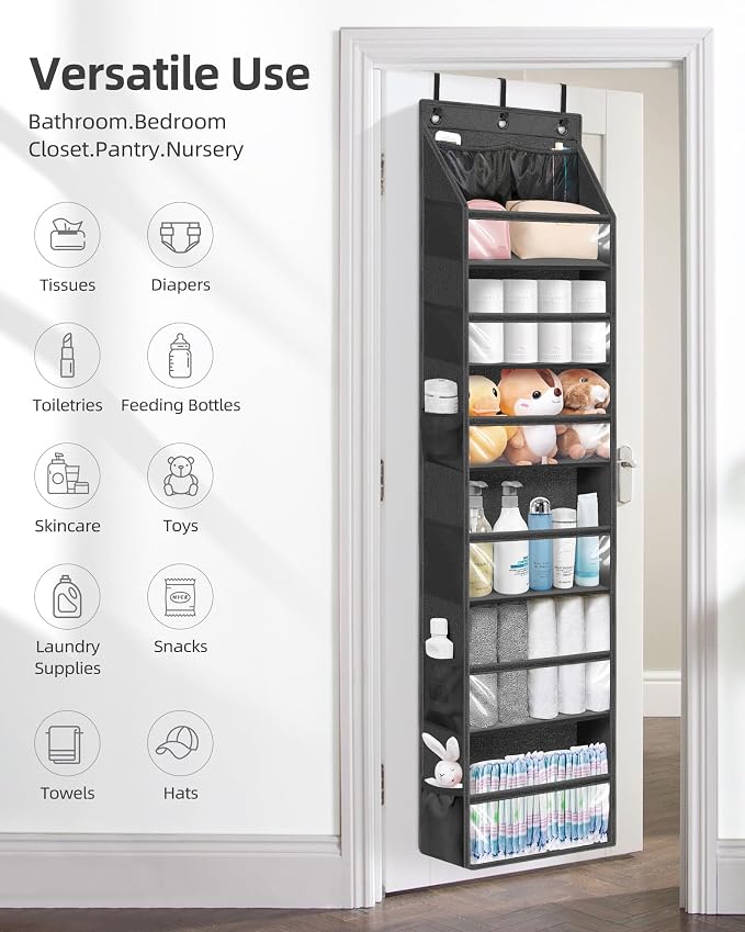 STORAGE MANIAC Over the Door Organizer 6-Shelf Closet Hanging Storage with 14 Mesh Pockets, 66lbs Capacity Clear Deep Pockets Behind Door Storage for Nursery, Bathroom, Bedroom, 1 Pack Black