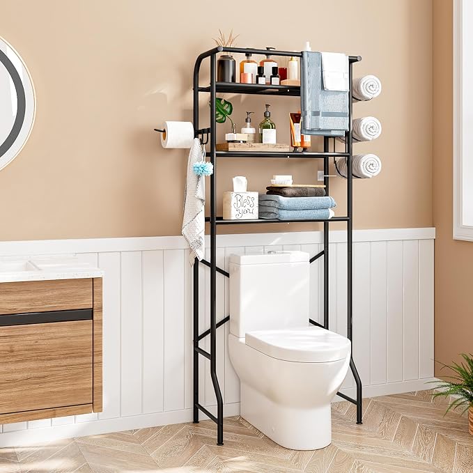 Over The Toilet Storage Metal 3 Tier Bathroom Organizer Shelf with Paper Holder Easy to Assemble & Space Saving (Black)