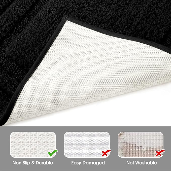 HOMEIDEAS Bathroom Rugs Sets 2 Piece, Super Soft and Absorbent Non Slip Microfiber U-Shaped Toilet Bath Mat Set (20"x32"+U20 x24, Black)