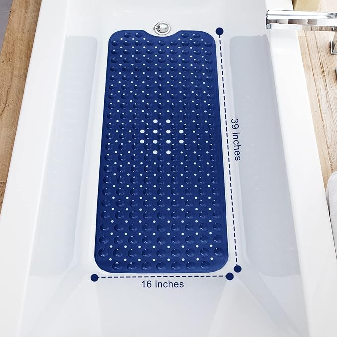 TEESHLY Bath Tub and Shower Mats, Non-Slip 39 x 16 Inch Extra Long Bathtub Mat, Machine Washable BathMat with Drain Holes, Suction Cups for Bathroom (Opaque Navy Blue)