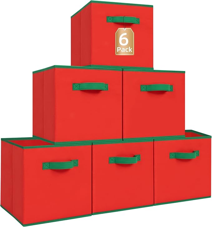 STORAGE MANIAC Storage Cubes, 11 Inch Durable 6 Pack Storage Shelf Basket for Christmas, Fabric Foldable Collapsible Bins with Handles for Organization, Closet, Shelves, Offices, Red