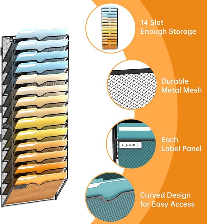 SUPEASY 14 Tier Wall File Organizer, Hanging Wall Mounted Mail Organizer with Label Slots, Metal Mesh File Holder Magazine Rack for Office, Home, School or Classroom, Black