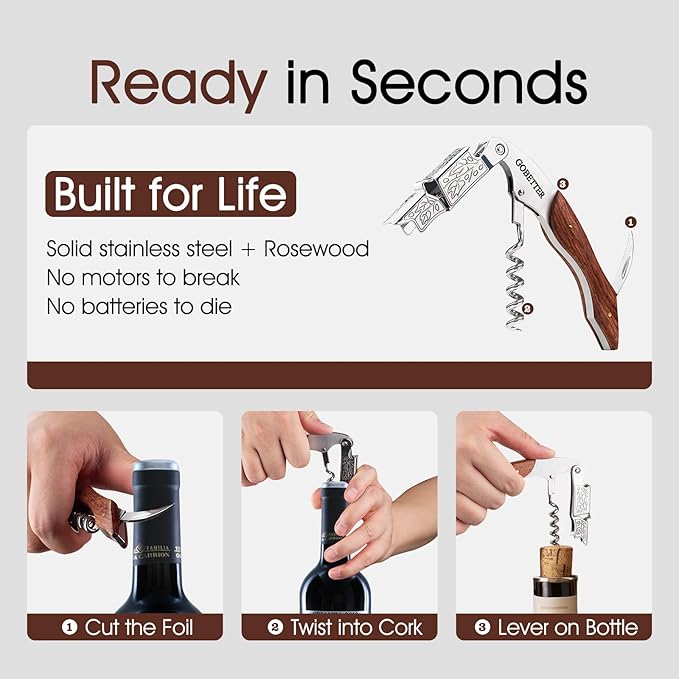 GOBETTER Wine Opener, Professional Corkscrews for Wine Bottles Cap Remover, Manual Wine Key for Home Use, Servers, Waiters Bartenders and Wine Lovers, Classic Rosewood