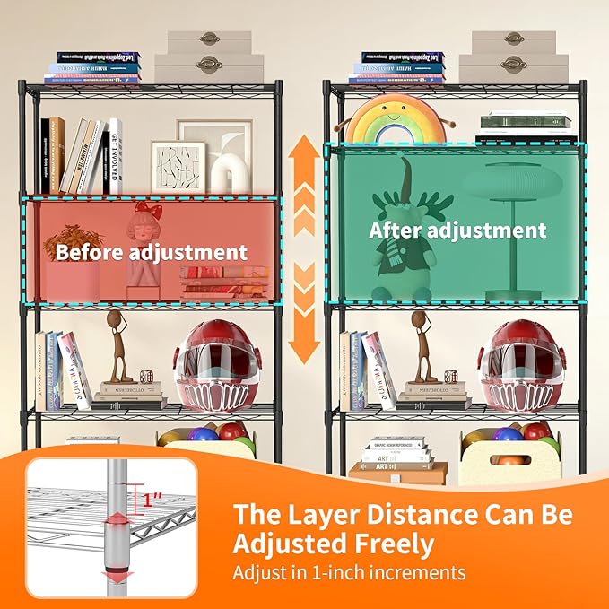 BestOffice | 5-Tier Wire Storage Shelves with Wheels | 14 x 30 x 61 | Black | with Adjustable Racks | Heavy-Duty Metal Shelf, Holds Upto 1250 lbs | No-Tool Assembly | Ideal for Home & Garage Shelving