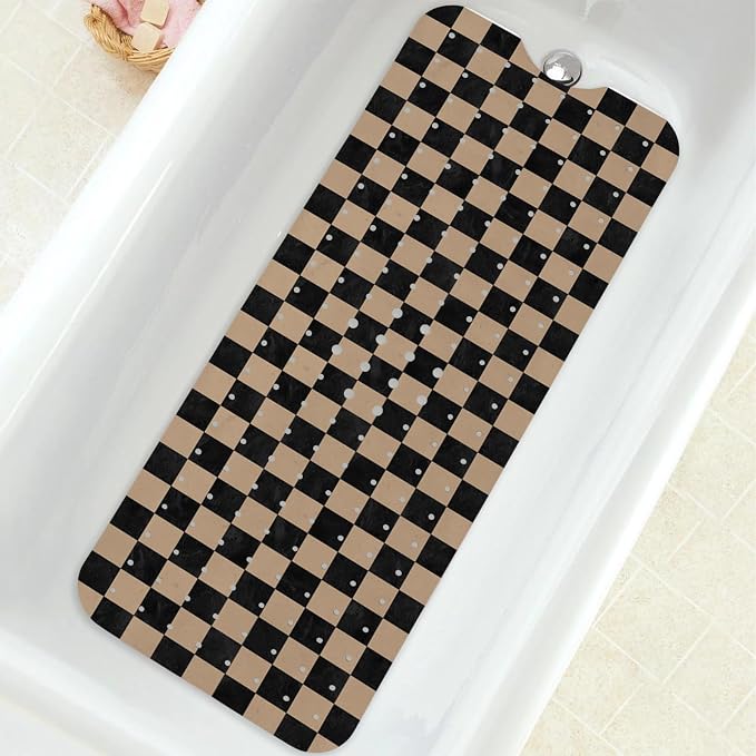 Bathtub Mat Non Slip, Checkered Extra Long Bath tub Mat Shower Floor Mat with Suction Cups and Drain Holes for Adults Kids Elderly 40 X 16 Inch