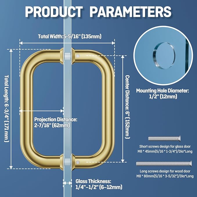 Ranbo Polished Gold 6" （CTC） Tubular Back-to-Back Shower Door Handle，Heavy-Duty 1.0mm Thick 304 Stainless Steel, for 1/4"- 1/2" Thick Glass and 1-3/8" - 2-1/6" Thick Wooden or Metal Doors