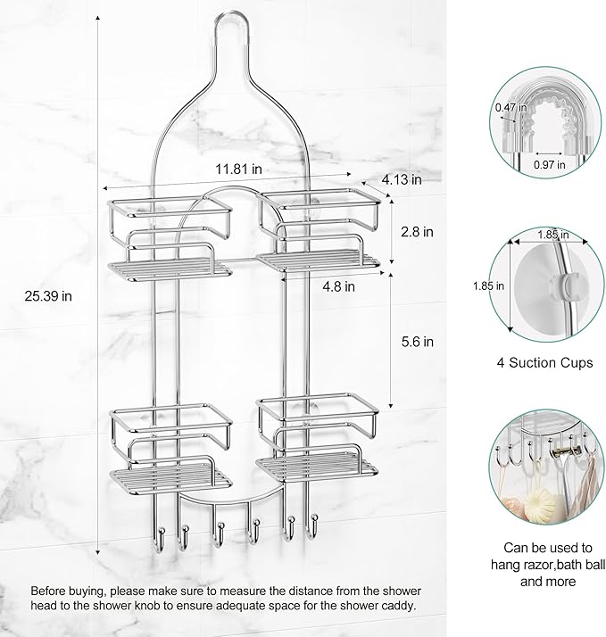 SRIWATANA Shower Caddy Organizer Hanging Over Head, Bathroom Shower Rack Hanger with Hooks for Razors - Chrome