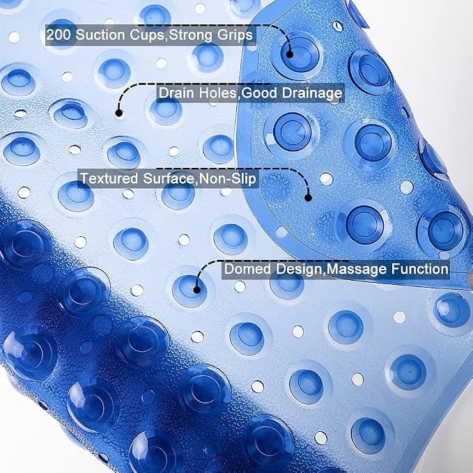 Anti Slip Extra Long Bathtub and Shower mat 39" x 16", Wet Floor Non-Slip for Elderly & Kids Bathroom, 30% Longer Bathtub Mats, 200 Suction Cups, Drain Holes, Machine Wash (Clear Blue)