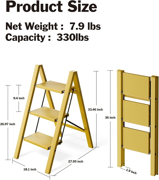 3 Step Ladder, Aluminum Lightweight Folding 3 Step Stool with Anti-Slip Wide Pedal, 330lbs Capacity Ladder for Household,Library,Office(Soft Dusk Yellow)
