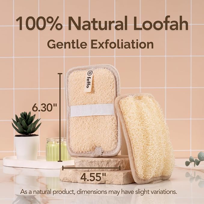 Natural Loofah Sponge for Body Scrub, Exfoliating Body Scrubber & Loofah with Handle, Exfoliating Pads, Loofah for Women, Men & Kids (2 Count - 1 Pack, Rectangular)