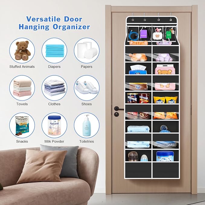 Univivi 6-Shelf Over Door Hanging Organizer Fabric Door Storage for Baby Nursery Nursery Closet Cabinet Wall Mount Hanging Storage Organizers with 10 Deep Pockets and 4 Small PVC Pockets(Black)