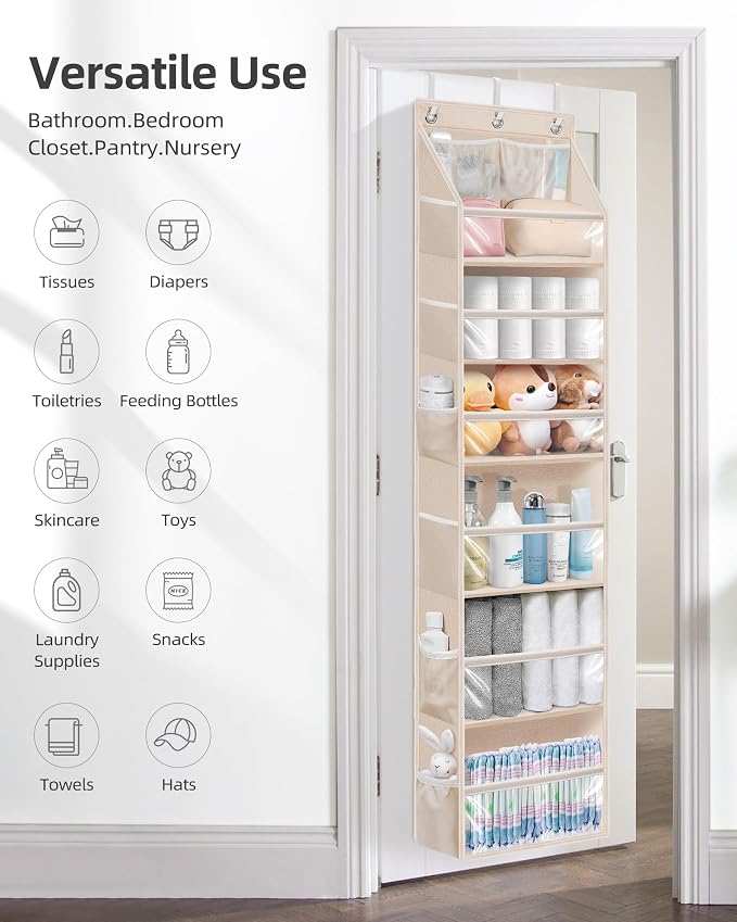 STORAGE MANIAC Over the Door Organizer 6-Shelf Closet Hanging Storage with 14 Mesh Pockets, 66lbs Capacity Clear Deep Pockets Behind Door Storage for Nursery, Bathroom, Bedroom, 1 Pack Oat Beige