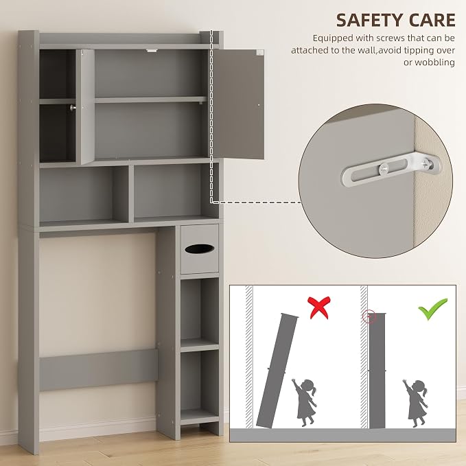 Shintenchi Over the Toilet Storage Cabinet, Bathroom Storage Cabient with Barn Doors, Bathroom Storage Shelf Organizer with Toilet Paper Holder, Adjustable Shelf and Anti-Tip Device, Gray