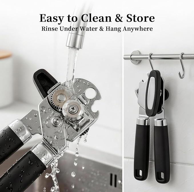 Can Opener Manual, Hand Heavy Duty Stainless Steel Bottle Opener Comfortable Handle, Sharp Blade Smooth Edge, Multifunctional Kitchen Tool, Black
