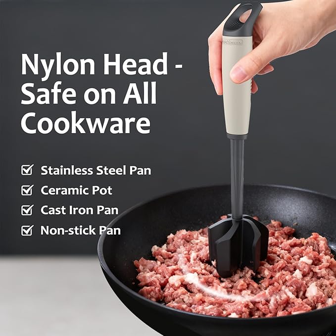 Ourokhome Meat Chopper and Potato Masher, Heat Resistant Nylon Ground Beef Smasher for Hamburger, 5 Curved Blades Nonstick Safe Mixer & Stirrer, Practical Kitchen Gadgets, Almond