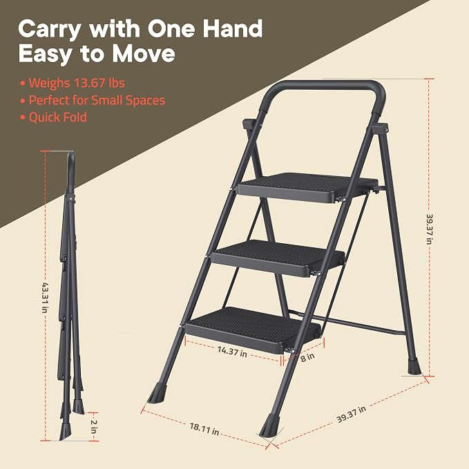 Black 3 Step Stool Foldable – Heavy-Duty Foldable Step Stool for Adults, 500 lbs Capacity, Anti-Slip Feet & Wide Steps, Sturdy Steel Frame, Lightweight & Space-Saving Design for Home, Kitchen & Garage