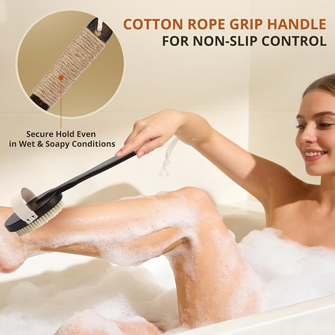 Dry & Wet Brushing Body Brush, Natural Boar Bristle Back Scrubber for Shower with Detachable Handle, Exfoliating Brush for Lymphatic Drainage, Improved Circulation & Smooth Skin