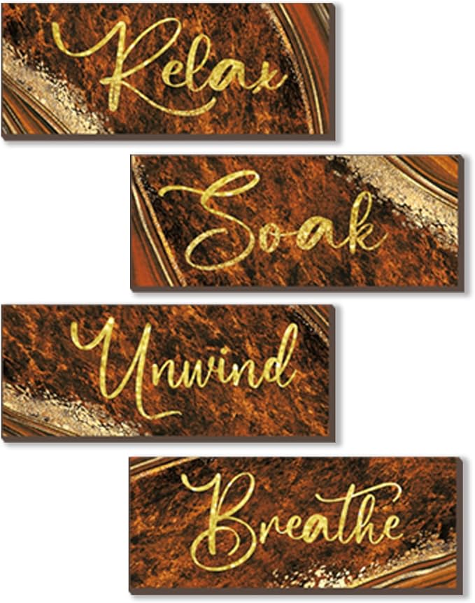 ONIZHITY 4 Pcs Wooden Rustic Marble Style Bathroom Accessories - Orange Gold Wall Decor for Bedroom, Living Room, Office, Kitchen (10X4)