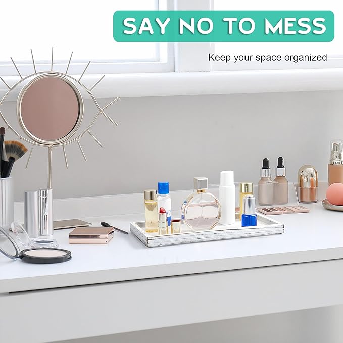 ALELION 11.7" White Bathroom Vanity Tray for Counter - Decorative Tray for Toilet Tank Makeup Perfume Jewelry Catchall Coffee Table - Wooden Kitchen Countertop Organizer for Soap Dispenser