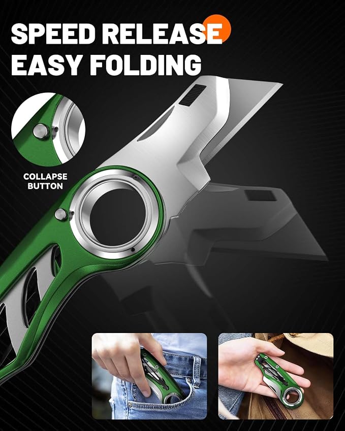 Folding Utility Knife Pocket Knife, Heavy-Duty Box Cutter with Anti Slip Finger Loop, Quick Change Blade Razor Knife, Box Cutters for Home, Office, Warehouse, Durable Razor Knife, Box Knife (Green)