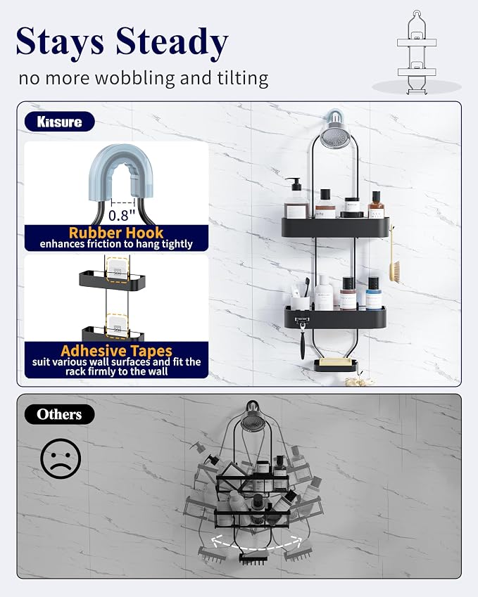 Kitsure Shower Caddy Hanging - No-Drill Bathroom Organizers and Storage, Wobble-Free Bathroom Shelves with Adhesive Tapes, Rust-Proof Shower Storage for Toiletries, Black, 28.5" H
