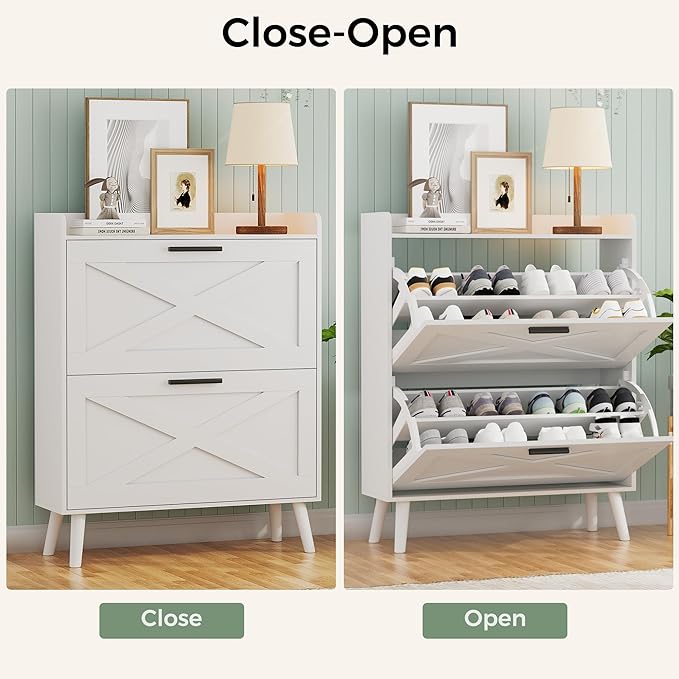 Homleke 32" W Farmhouse Shoe Storage Cabinet with 2 Flip Drawers and Barn Door Design, Adjustable Shelves, Modern Hidden Slim Narrow Shoe Rack Cabinet for Entryway, Foyer, Hallway, Living Room, White