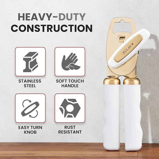 Zulay Kitchen Heavy Duty Stainless Steel Can Opener Manual with Bottle Opener - Rust Proof Manual Can Opener With Turn Knob & Comfy Soft Grip Handles - White & Gold