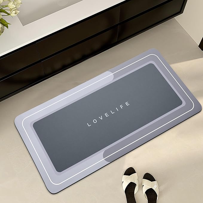 Bath mat Rubber Bathroom Mat-Quick Dry Absorbent Rug Non-Slip Thin Bathroom Rug Instant Dry Magic Bath mats for Bathroom Floor Mat in Front of Bathtub, Sink, Grey, 17x35in