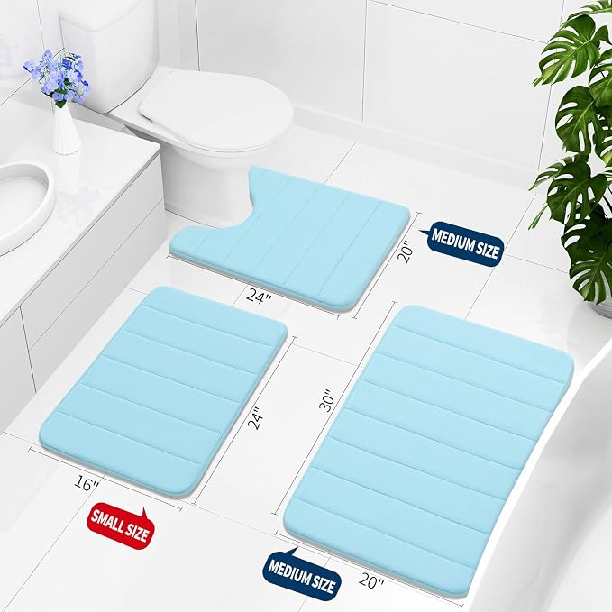 Buganda Memory Foam Bath Mat, 30" x 20", Ultra Soft and Non-Slip Bathroom Rugs, Water Absorbent and Machine Washable Bath Rug for Bathroom, Shower, and Tub, Light Blue