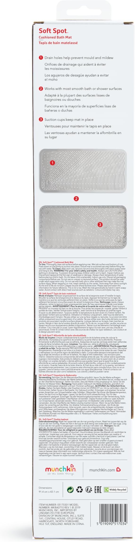 Munchkin Soft Spot Baby Bath Mat for Tub, Cushioned Bathtub Mat for Toddlers and Kids, 36"x17", Grey