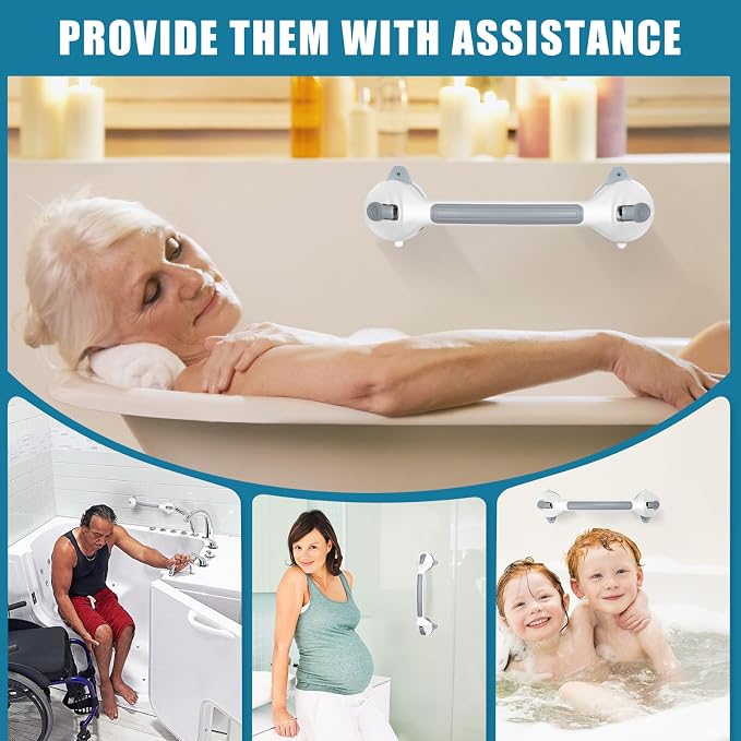 MCDEX Grab Bars for Shower, 2 Pack Shower Handle for Elderly (Gray White) | Safety Signal Indicators, Strong Suction Cup, Easy Installation, No Drill, Removable, Anti-Slip, Waterproof