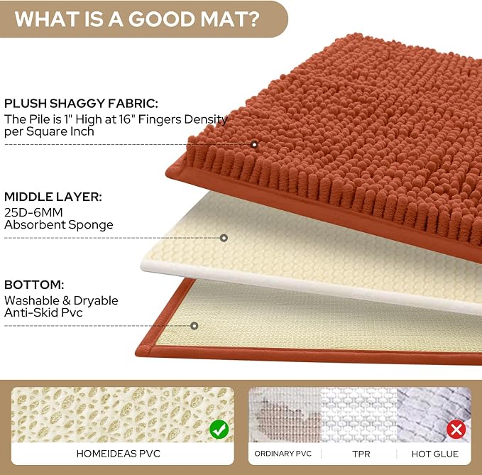 HOMEIDEAS 3 Pieces Bathroom Rugs, Ultra Soft Non Slip Absorbent Chenille Toilet Bath Mat Set (Burnt Orange)