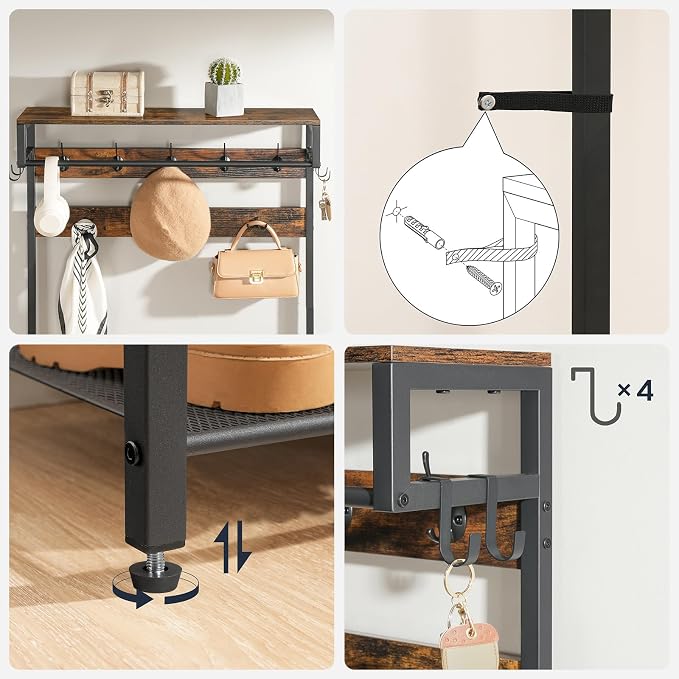 HOOBRO Hall Tree with Bench, Shoe and Coat Rack for Entryway, Coat Rack with Bench, Flip Top Storage Box, PU Cushioned Seat, Non-Woven Fabric Drawer, for Entrance, Rustic Brown and Black BF110MT01